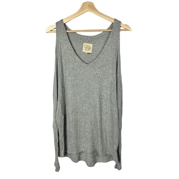 Chaser Light Gray Waffle Knit Cold Shoulder Long Sleeve Top M - Picture 2 of 4